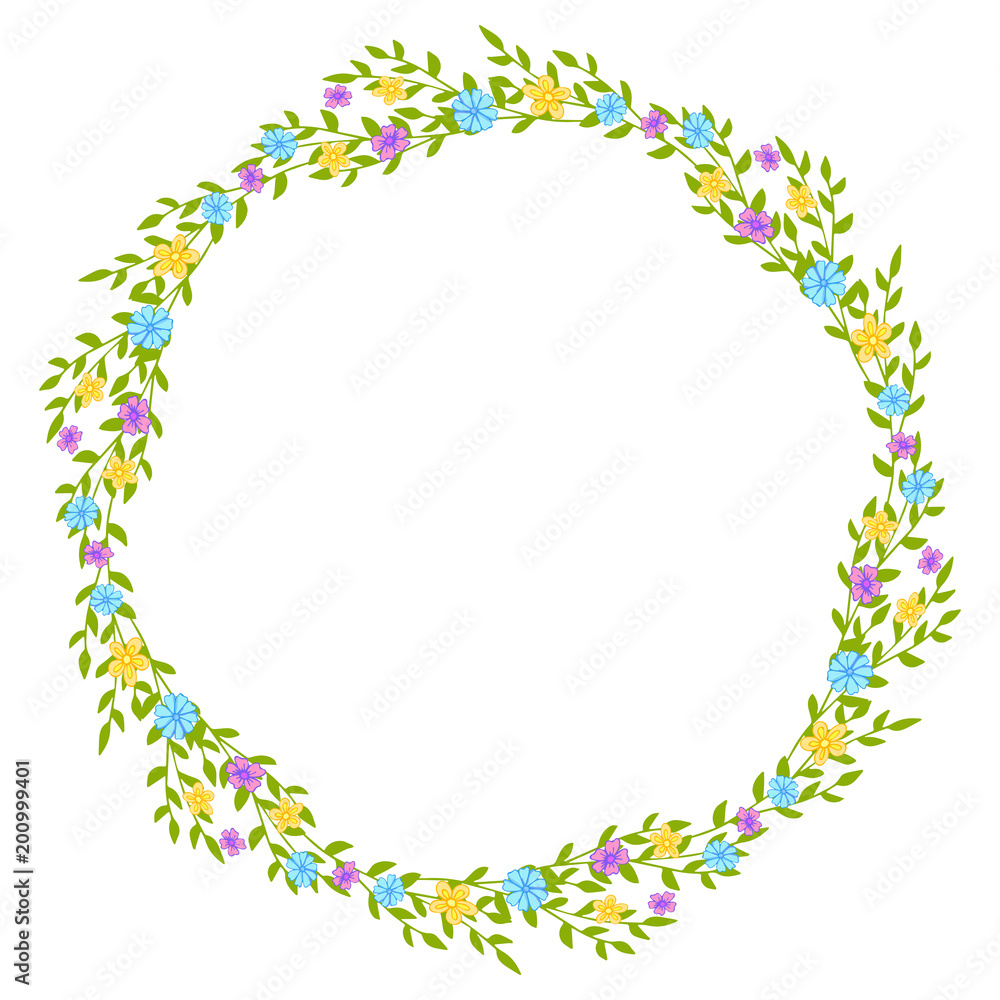 Wreath of wild flowers with leaves. A floral round frame with a place for your text.