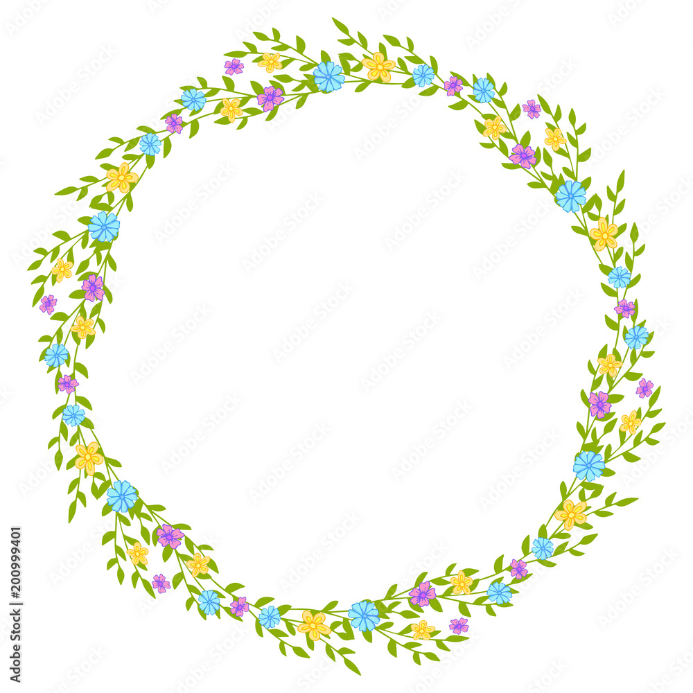 Wreath of wild flowers with leaves. A floral round frame with a place for your text. Wreath of wild flowers with leaves. A floral round frame with a place for your text.