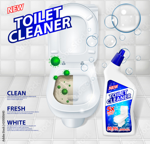 Toilet cleaner banner ads, effect of cleaner before and after. Green virus escaping from shining toilet bowl. Detergent toilet gel in bottle mockup. 3d Vector illustration