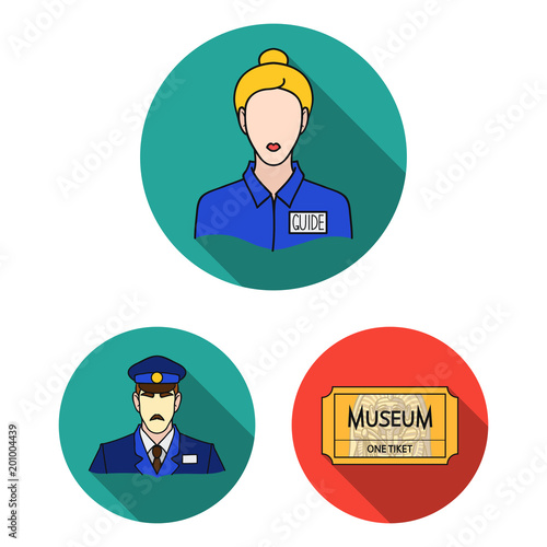 Museum and gallery flat icons in set collection for design. Storage and exhibition of showpiece vector symbol stock web illustration.