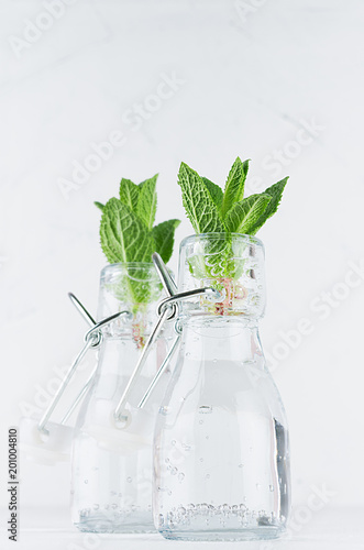 Fresh spring background - green mint twigs closeup in bottles on white soft wood board. Modern white summer home decor.