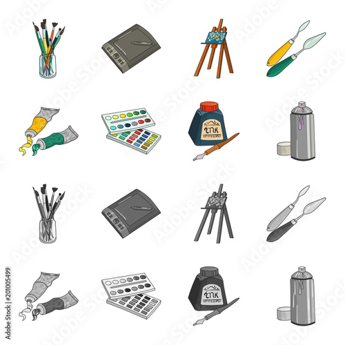 Balonchik paints, tubes with paint, watercolor in a box, ink in a bottle and a pen.Artist and drawing set collection icons in cartoon,monochrome style vector symbol stock illustration web.