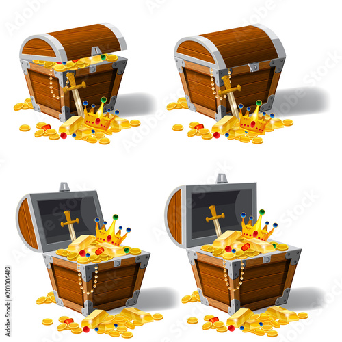 Set old pirate chests full of treasures, gold coins, ingots, jewelry, crown, dagger, vector, cartoon style, illustration, isolated. For games, advertising applications