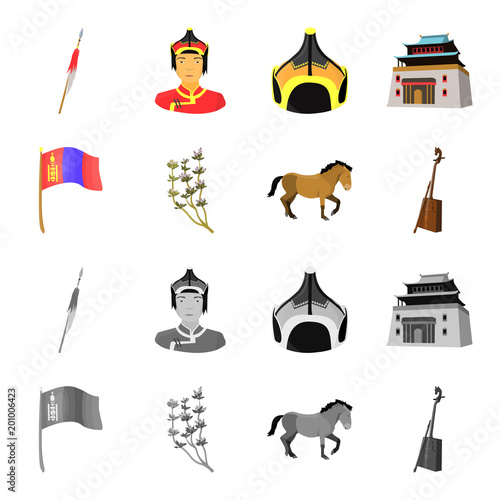 National flag, horse, musical instrument, steppe plant. Mongolia set collection icons in cartoon,monochrome style vector symbol stock illustration web.