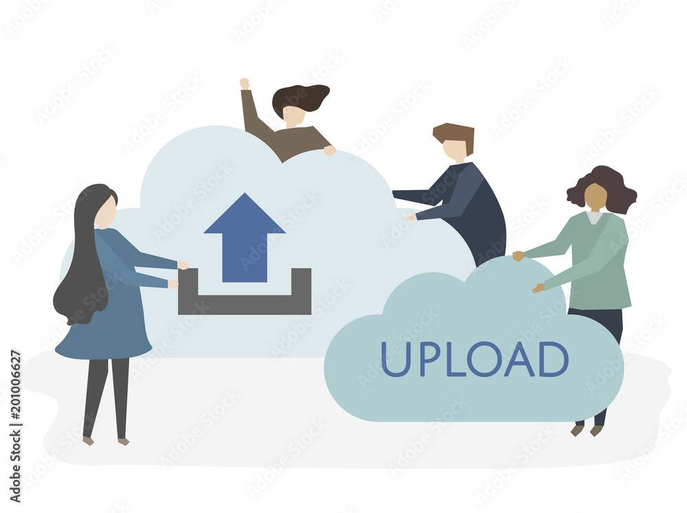 Illustration of people with uploading symbol Illustration of people with uploading symbol