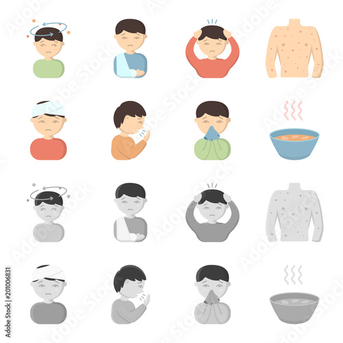 A man with a bandaged head, a man coughing, a man snorts a snot, a bowl, a bowl of hot broth into a handkerchief. Sick set collection icons in cartoon,monochrome style vector symbol stock illustration