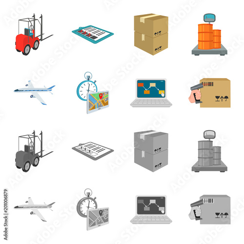Transport aircraft, delivery on time, computer accounting, control and accounting of goods. Logistics and delivery set collection icons in cartoon,monochrome style isometric vector symbol stock