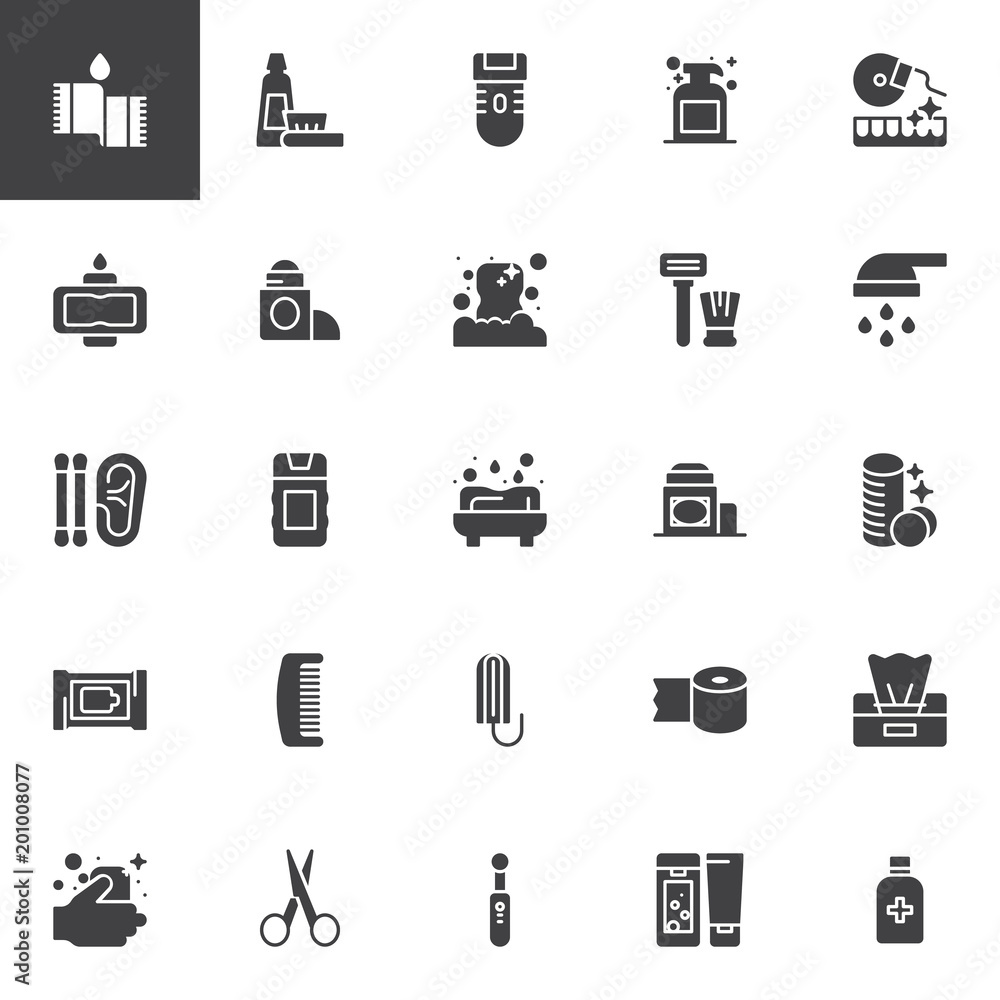 Hygiene elements vector icons set, modern solid symbol collection, filled style pictogram pack. Signs, logo illustration. Set includes icons as Towel, Toothbrush and toothpaste, Electric razor, Soap Hygiene elements vector icons set, modern solid symbol collection, filled style pictogram pack. Signs, logo illustration. Set includes icons as Towel, Toothbrush and toothpaste, Electric razor, Soap