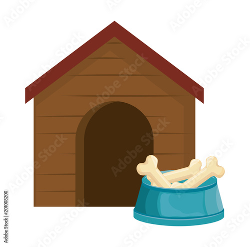 wooden house pet with dish bones vector illustration design