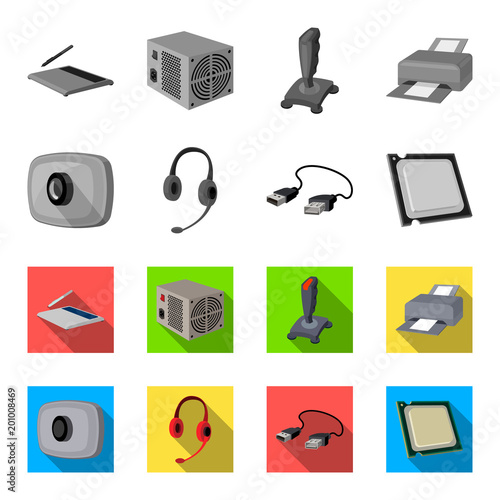 Webcam, headphones, USB cable, processor. Personal computer set collection icons in monochrome,flat style vector symbol stock illustration web.