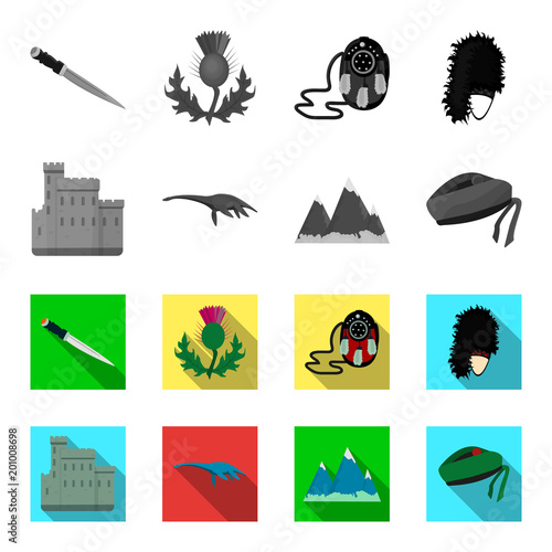 Edinburgh Castle, Loch Ness Monster, Grampian Mountains, national cap balmoral,tam shanter. Scotland set collection icons in monochrome,flat style vector symbol stock illustration web. photo