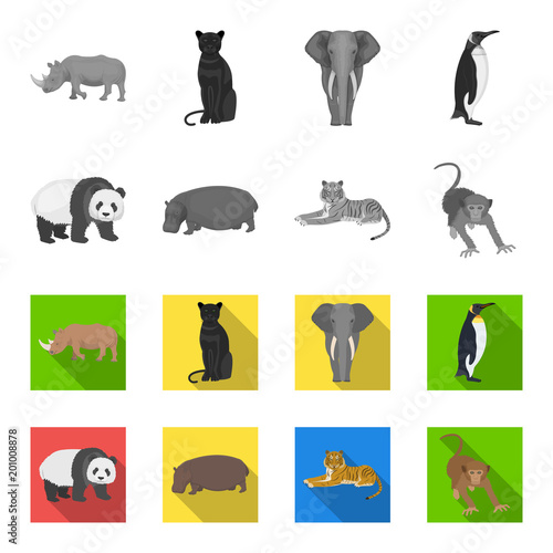 Bamboo bear, hippopotamus, wild animal tiger, monkey . Wild animal set collection icons in monochrome,flat style vector symbol stock illustration web.