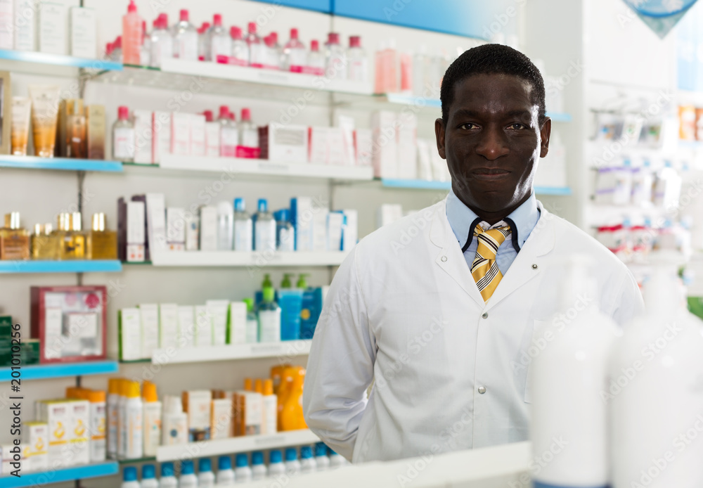 African American pharmacist in drugstore