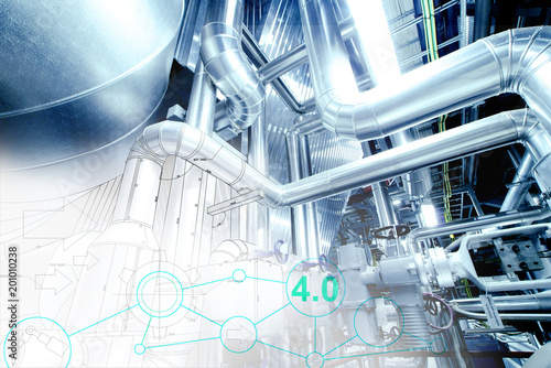 Industry network concept image. industrial piping in the factory with networking icons, smart factory solution