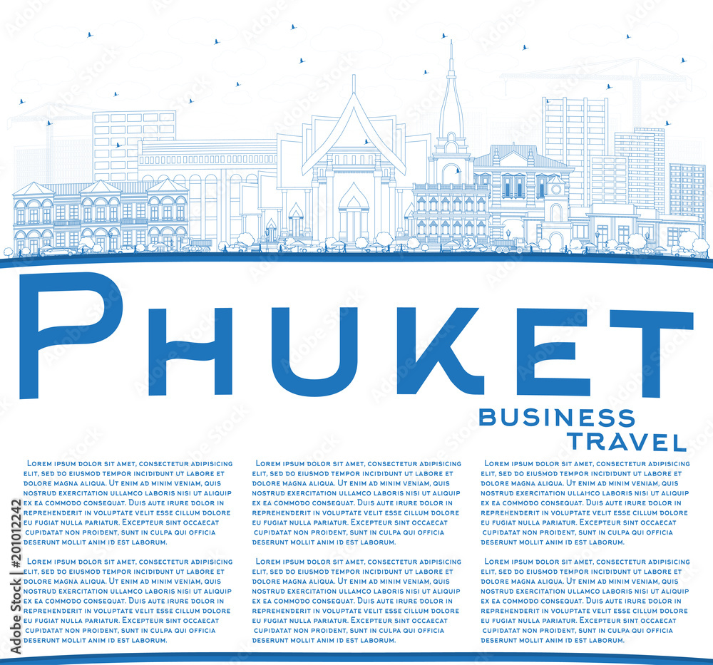 Outline Phuket Thailand City Skyline with Blue Buildings and Copy Space.