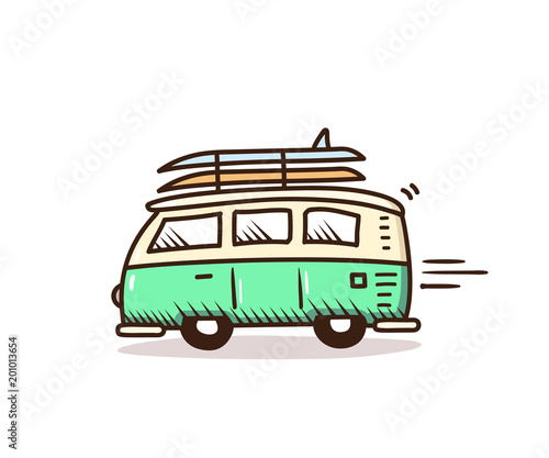 Surf van driving to the beach with surfboards on. Vector summer holidays doodle illustration. Hand drawn icon
