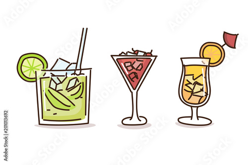 Summer drinks in trendy doodle hand drawn style. Vector illustrations with fresh cocktail drinks