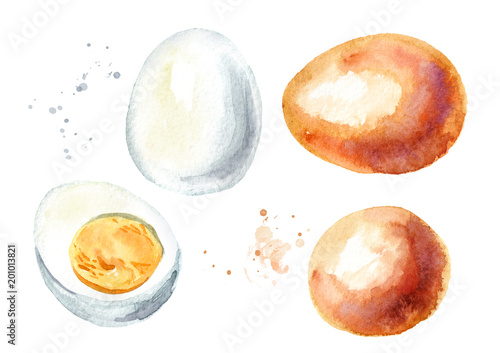 Boiled eggs set. Watercolor hand drawn illustration, isolated on white background photo