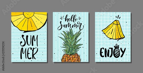 Vector set of bright summer cards with pineapple and hand drawn lettering