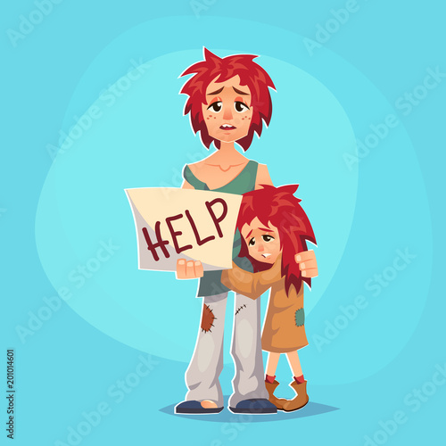 Homeless child. Cartoon flat character. Homeless character. Homeless children.Vector illustration in a flat cartoon style.