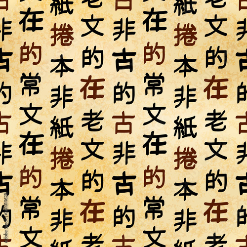 Ancient chinese calligraphy, black hieroglyphs on textured papyrus, seamless pattern