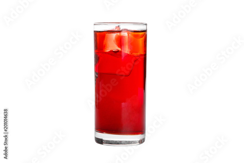 Single-colored transparent cocktail, refreshing in a high glass with ice cubes with taste of berries, cherries, strawberries, grapefruit. Side view Isolated white background. Drink for the menu