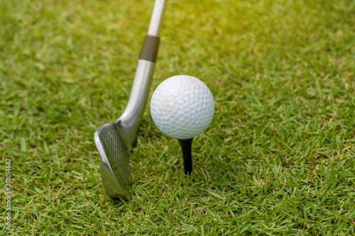 Close Up of Golf club and golf ball on green grass ready to hit.