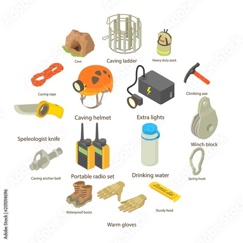 Speleologist icons set. Isometric illustration of 16 speleologist vector icons for web