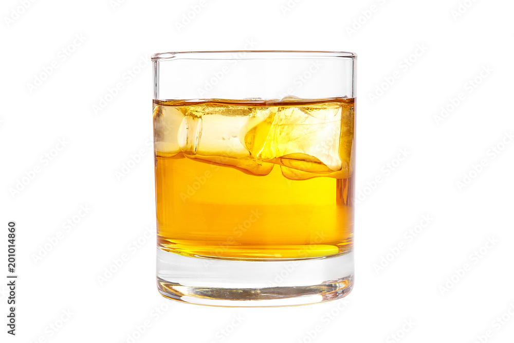 A single-colored transparent cocktail, refreshing in a low glass with radiant ice cubes with a taste of melon, pineapple, pear, apple, fruit. Side view Isolated white background A single-colored transparent cocktail, refreshing in a low glass with radiant ice cubes with a taste of melon, pineapple, pear, apple, fruit. Side view Isolated white background