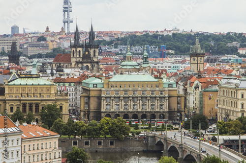 View of the Old Town of Prague from a high point. Red roofs, historical architecture. Czech Republic