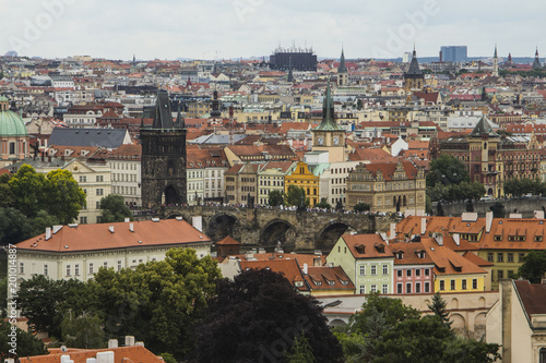 View of the Old Town of Prague from a high point. Red roofs, historical architecture. Czech Republic