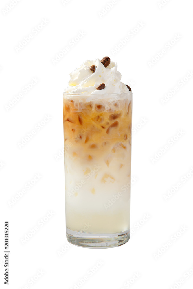 A multi-colored, two-layer opaque cocktail in a tall glass with chopped ice, whipped cream and coffee beans, with a taste of coffee, caramel, cream and straw. Side view. Isolated white background A multi-colored, two-layer opaque cocktail in a tall glass with chopped ice, whipped cream and coffee beans, with a taste of coffee, caramel, cream and straw. Side view. Isolated white background