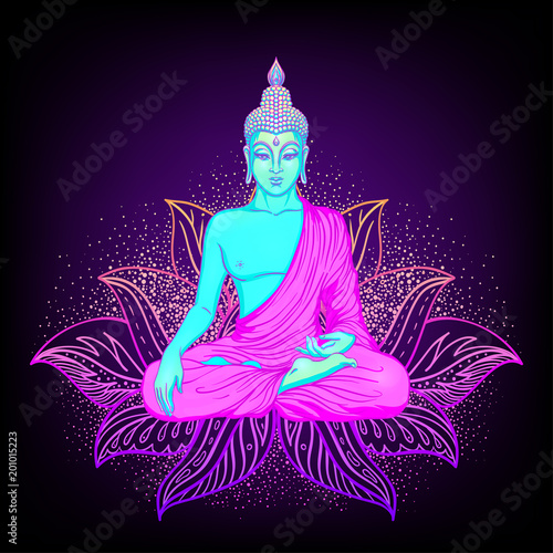 Sitting Buddha silhouette over ornamental Lotus flower. Esoteric vector illustration. Vintage decorative, Indian, Buddhism, spiritual art. Hippie tattoo, spirituality