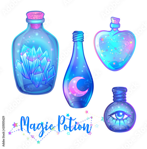 Magic potion: blue bottle jar set with pink moon, crystals, heart, all seeing eye and glowing stars inside. Greeting  Card. Vector illustration isolated on white.