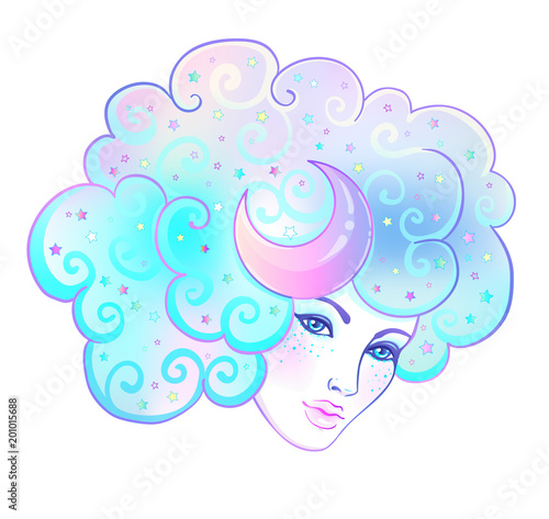 Girl with white hair  head in the clouds with moon and stars. Concept of inner reality  mental health  imagination  thinking  dreaming. Female portrait of  goddess. Isolated  illustration.