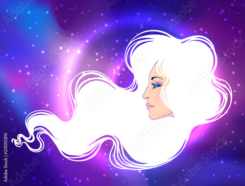 The profile of a girl with white hair over the sky full of stars. Female port...