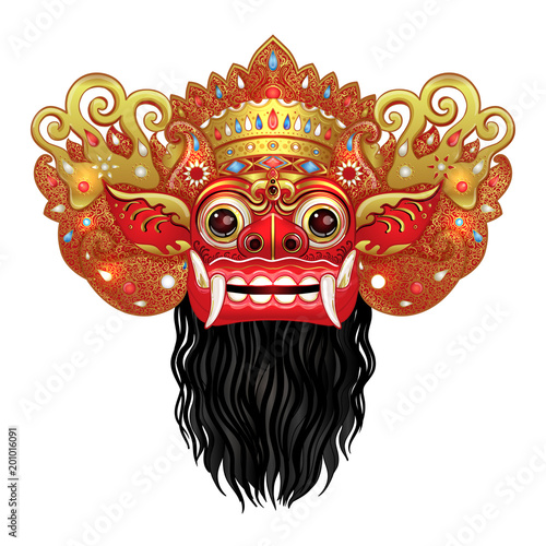 Barong. Traditional ritual Balinese mask. Vector color illustration in red, gold and black isolated. Hindu ethnic symbol, tattoo art, yoga, Bali spiritual design for t-shirt, textile.