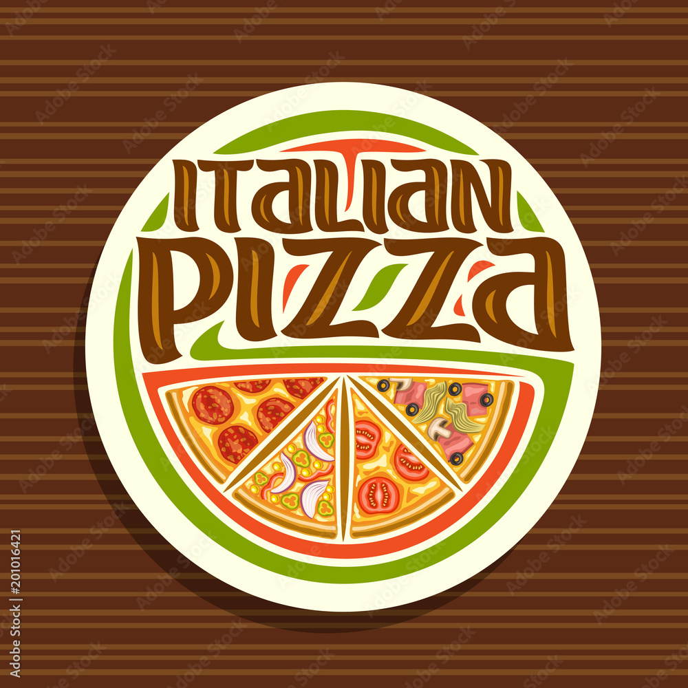 Vector logo for Italian Pizza, white round sign for pizzeria with 4 sliced  pieces different kinds