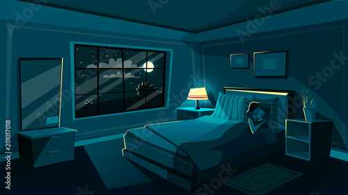 Vector cute young woman sleeping in bedroom at night, cartoon interior. Happy beautiful female character dreaming in cozy room bed with night sky star, moon from big window with soft lamp light.