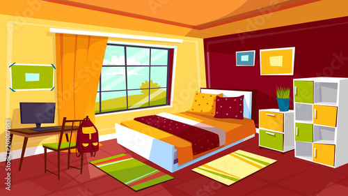 Bedroom vector illustration of teenager girl or boy room interior background. Cartoon flat design of teen student room furniture bed, computer on desk table, drawer shelf and school backpack on chair