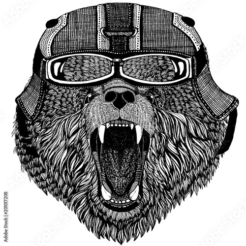 Brown bear Russian bear Animal wearing motorycle helmet. Image for kindergarten children clothing, kids. T-shirt, tattoo, emblem, badge, logo, patch