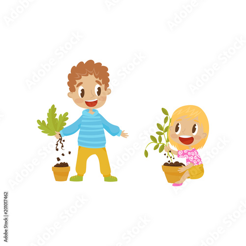 Cute bully boy and girl tearng out house plants from a pot, hoodlum cheerful kids, bad child behavior vector Illustration on a white background