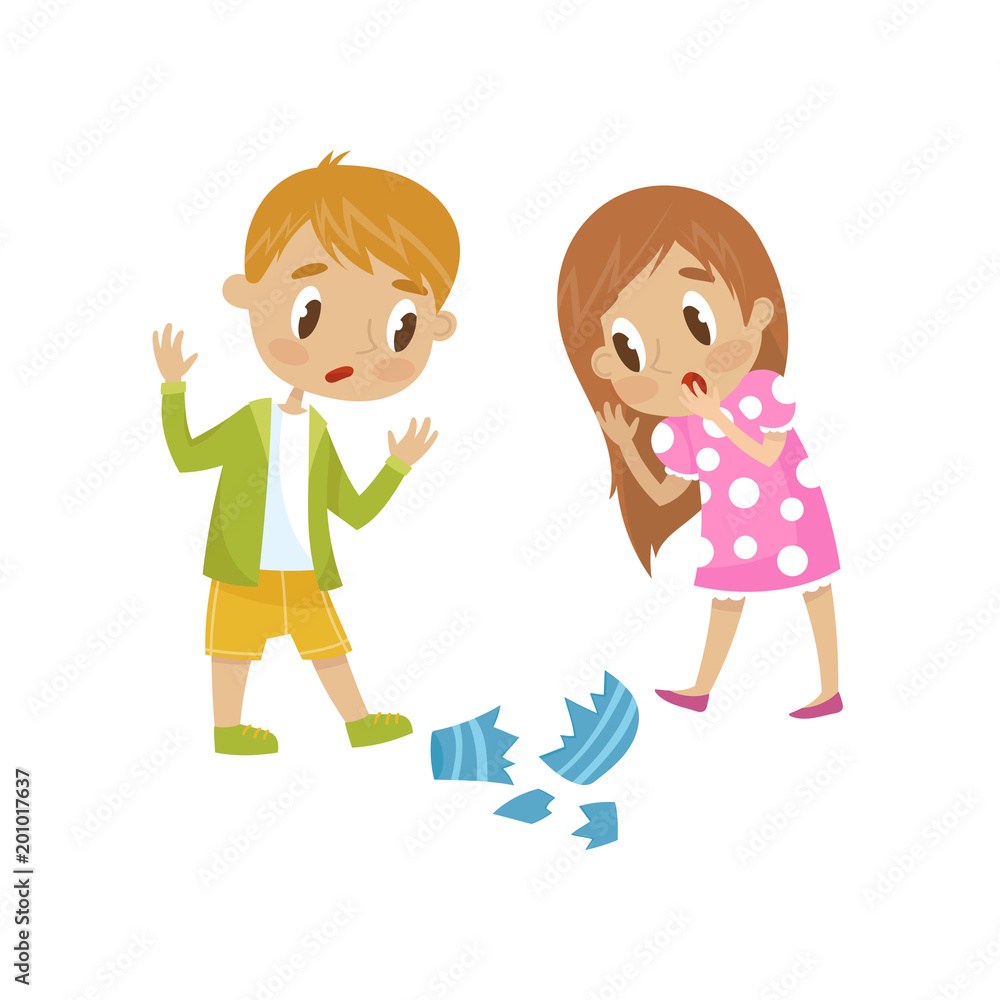 Cute little girl and boy broken a vase, hoodlum cheerful kid, bad child behavior vector Illustration on a white background.