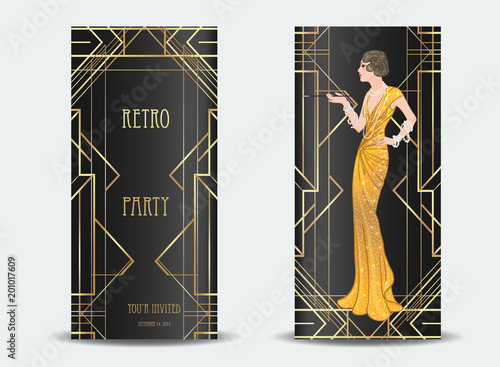 Art Deco vintage invitation template design with illustration of flapper girl. patterns and frames. Retro party background set (1920's style). Glamour event, thematic wedding or jazz party.