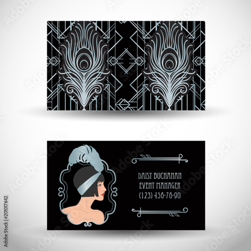 Art deco style business card. Sample Text. Abstract vintage patterns and flapper girl. Retro party geometric background set (1920's style). Vector illustration for glamour party.