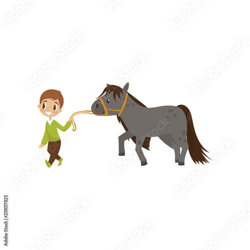 Cute litlle boy walking horse, equestrian sport concept cartoon vector Illustration on a white background