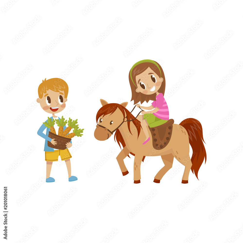 Cute litlle girl riding a horse, boy standing next to the horse with basket of carrots, equestrian sport concept cartoon vector Illustration isolated on a white background Cute litlle girl riding a horse, boy standing next to the horse with basket of carrots, equestrian sport concept cartoon vector Illustration isolated on a white background