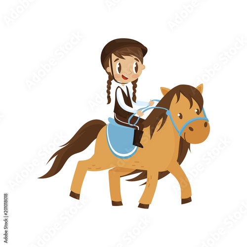 Cute litlle girl riding a horse, equestrian sport concept cartoon vector Illustration on a white background