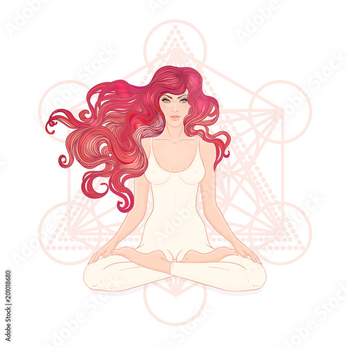 Beautiful Caucasian Girl with long curly red hair sitting in Lotus pose with ornate mandala on background. Vector illustration. Spa consent, yoga studio, or natural medicine clinic.