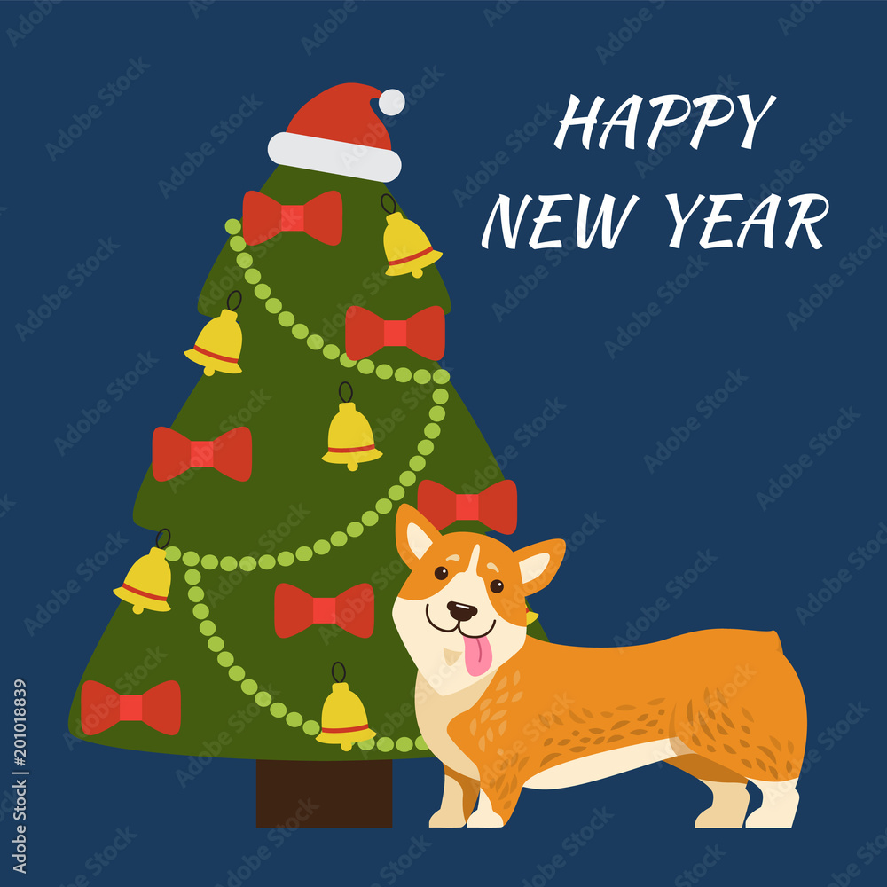 Happy New Year Tree and Dog Vector Illustration Happy New Year Tree and Dog Vector Illustration